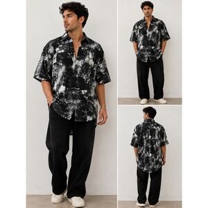 Summer Trade Button Up Shirt Mens 2XL Black White‎ Abstract Landscape High Low